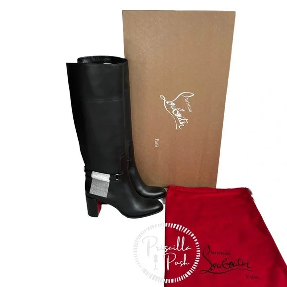 Christian Louboutin Black Lock 70 Leather Knee-high Boots Tall Block heel 37.5
