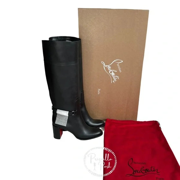 Christian Louboutin Black Lock 70 Leather Knee-high Boots Tall Block heel 37.5