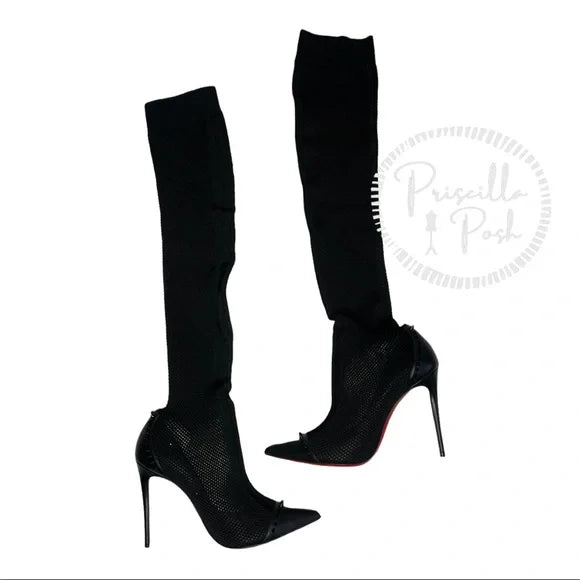 Christian Louboutin Souricette 100 black studded knee high sock boots thigh high 38