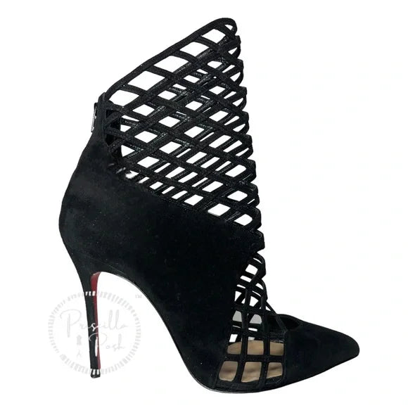 Christian Louboutin Black Suede Pointed Toe Ankle Boots Cutout Stiletto Heel 37