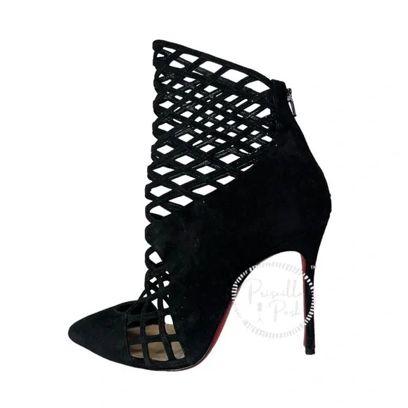 Christian Louboutin Black Suede Pointed Toe Ankle Boots Cutout Stiletto Heel 37