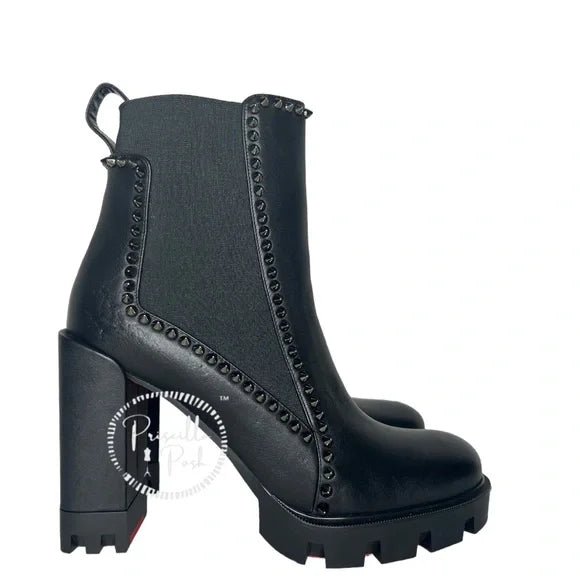 NEW Christian Louboutin Out Line Spike Lug Black Leather Combat Boots 39