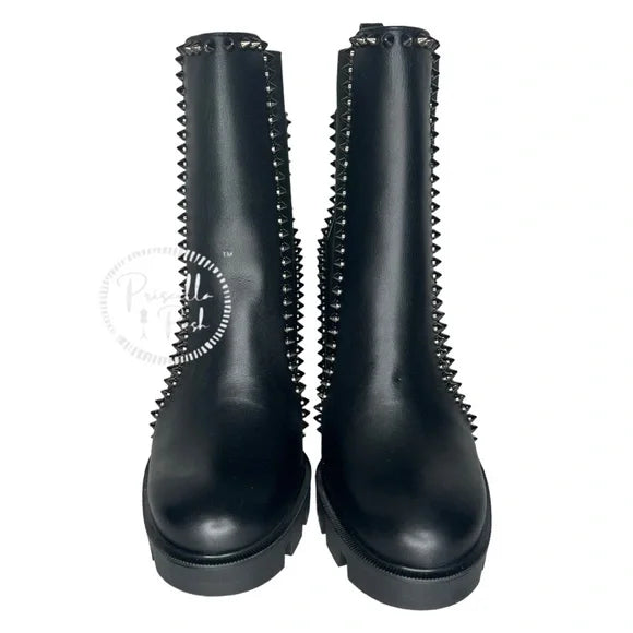 NEW Christian Louboutin Out Line Spike Lug Black Leather Combat Boots 39