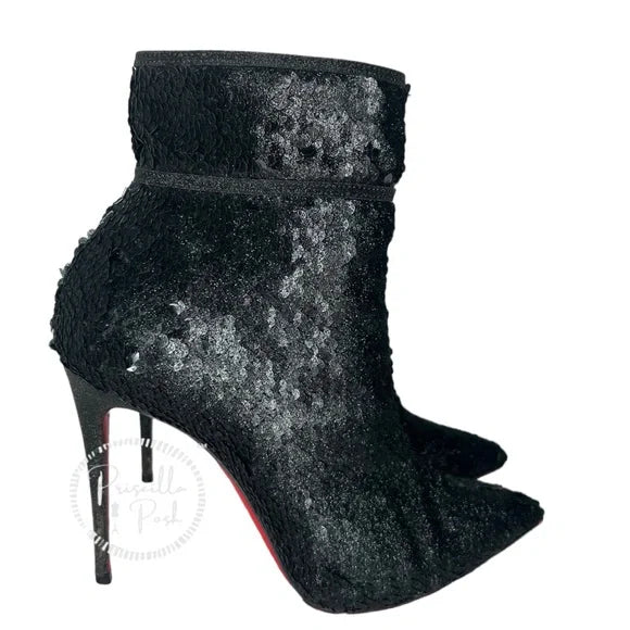 Christian Louboutin Moulakate Black Sequin Glitter Pointed Toe Ankle Boots 37.5