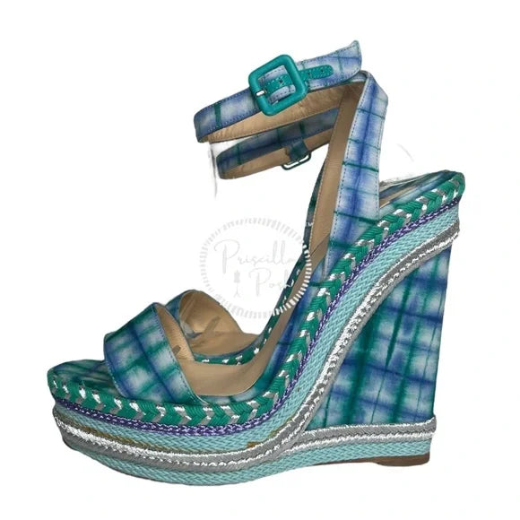Christian Louboutin Platform Espadrille Sandals Blue Green Wedge Ankle Strap 39