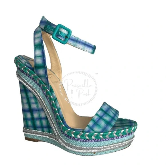 Christian Louboutin Platform Espadrille Sandals Blue Green Wedge Ankle Strap 39