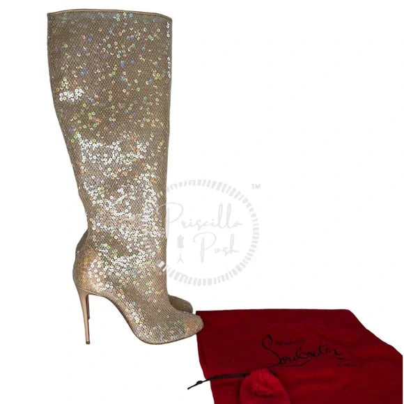 NWB Christian Louboutin Tennissina 100 Nude Sequin Boots 39