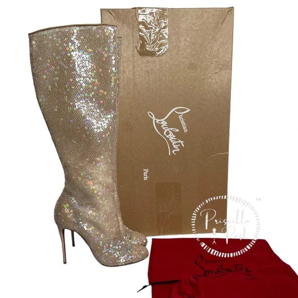 NWB Christian Louboutin Tennissina 100 Nude Sequin Boots 39