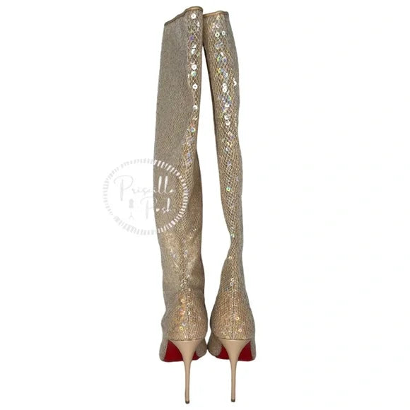 NWB Christian Louboutin Tennissina 100 Nude Sequin Boots 39