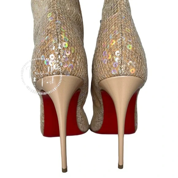 NWB Christian Louboutin Tennissina 100 Nude Sequin Boots 39