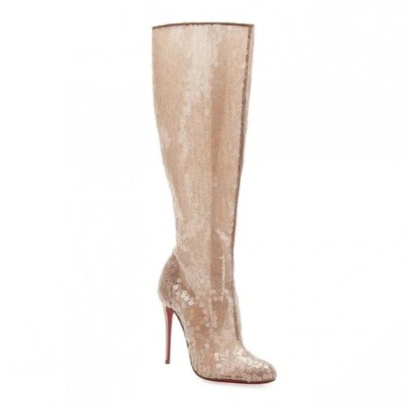 NWB Christian Louboutin Tennissina 100 Nude Sequin Boots 39