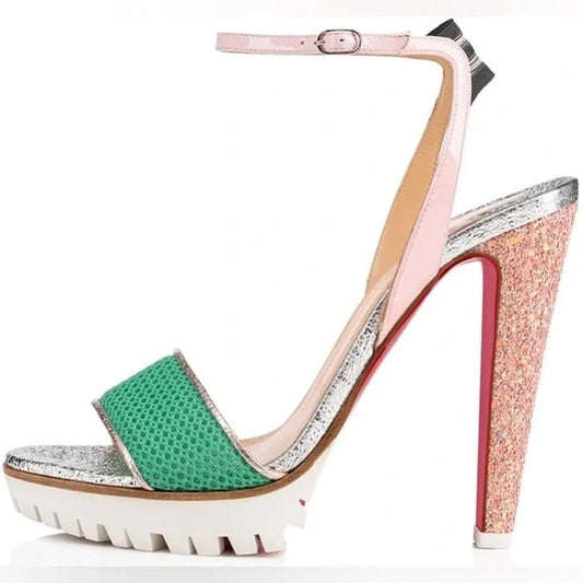 Christian Louboutin Platform Open Toe Ankle Strap Sandals White Green Pink 38