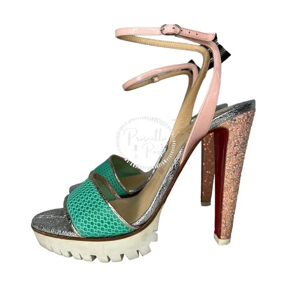 Christian Louboutin Platform Open Toe Ankle Strap Sandals White Green Pink 38