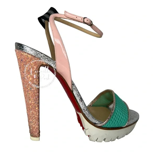 Christian Louboutin Platform Open Toe Ankle Strap Sandals White Green Pink 38