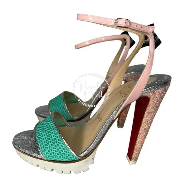 Christian Louboutin Platform Open Toe Ankle Strap Sandals White Green Pink 38