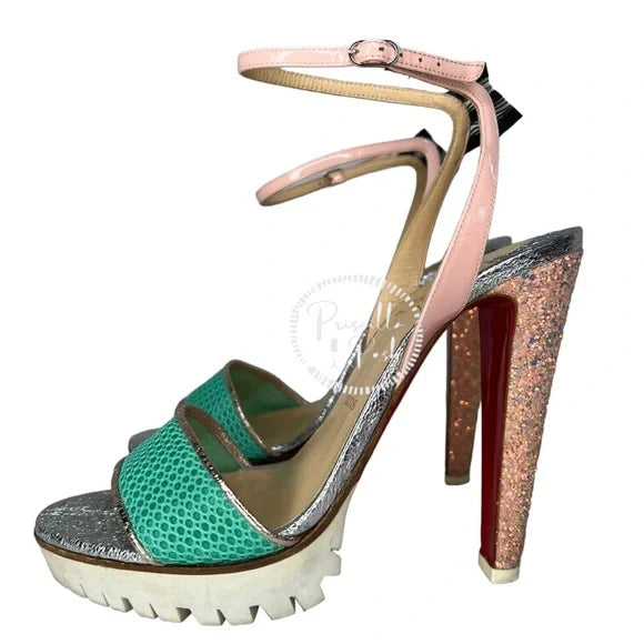 Christian Louboutin Platform Open Toe Ankle Strap Sandals White Green Pink 38