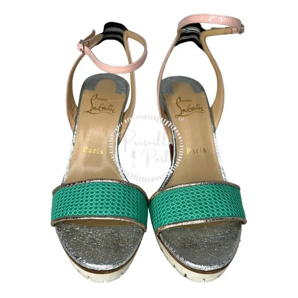 Christian Louboutin Platform Open Toe Ankle Strap Sandals White Green Pink 38