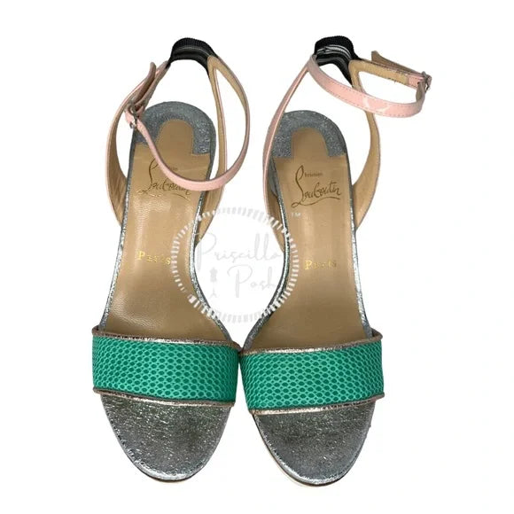 Christian Louboutin Platform Open Toe Ankle Strap Sandals White Green Pink 38