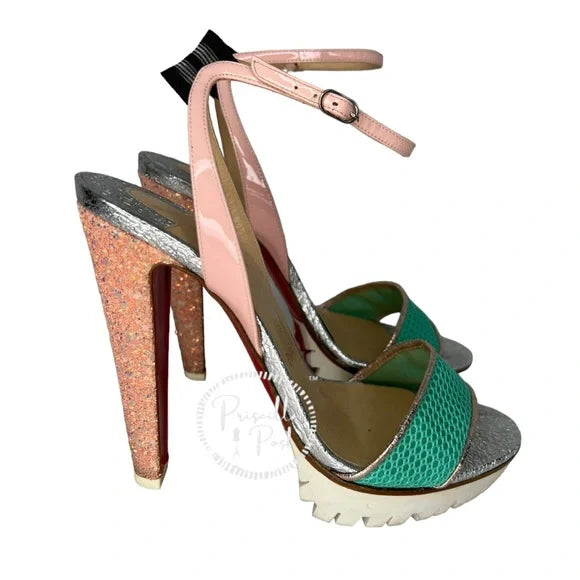 Christian Louboutin Platform Open Toe Ankle Strap Sandals White Green Pink 38