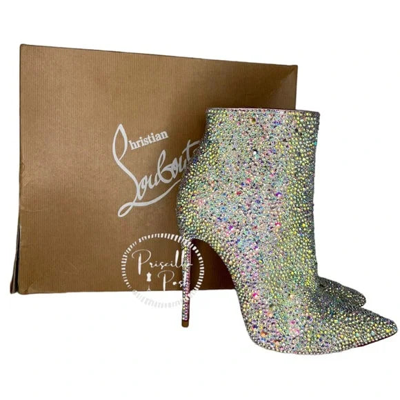 Christian Louboutin So Kate White Custom Strass Crystal Boots Booties Swarovski