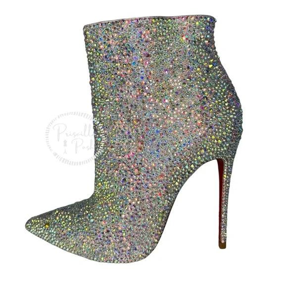 Christian Louboutin So Kate White Custom Strass Crystal Boots Booties Swarovski