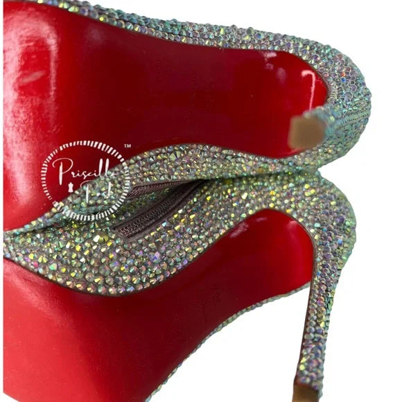 Christian Louboutin So Kate White Custom Strass Crystal Boots Booties Swarovski