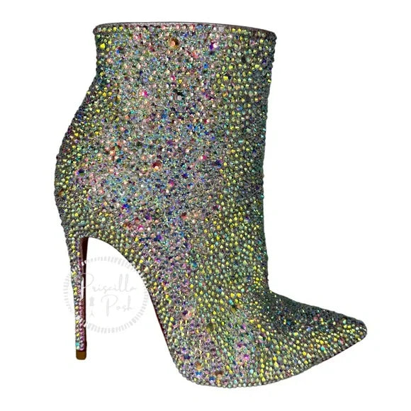 Christian Louboutin So Kate White Custom Strass Crystal Boots Booties Swarovski