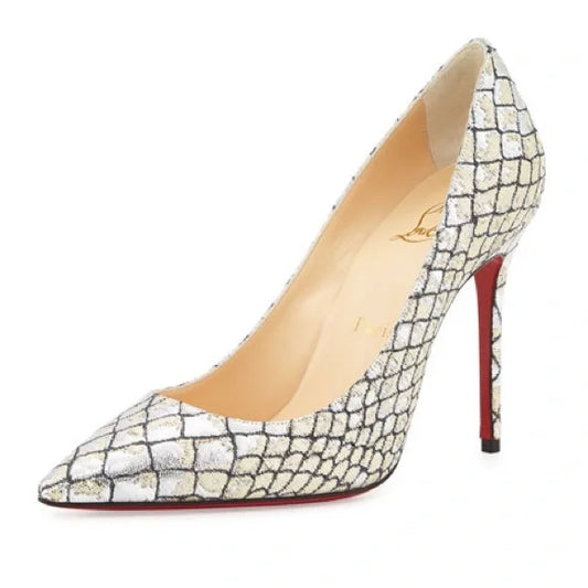 NWB Christian Louboutin Decollete Snake-Embossed Metallic Point-Toe Pump, Silver