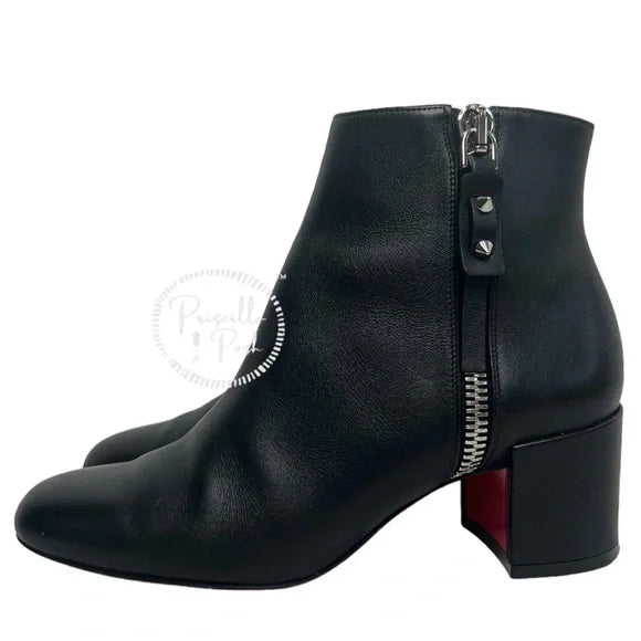 Christian Louboutin Ziptotal Calfskin Red Sole Booties Black leather Block Heel