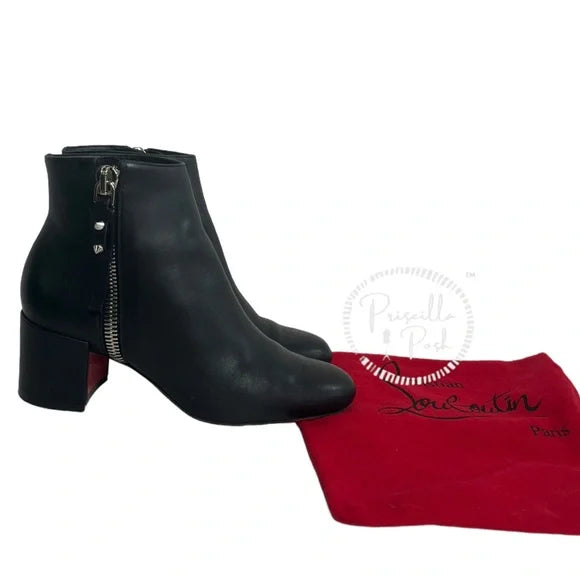 Christian Louboutin Ziptotal Calfskin Red Sole Booties Black leather Block Heel