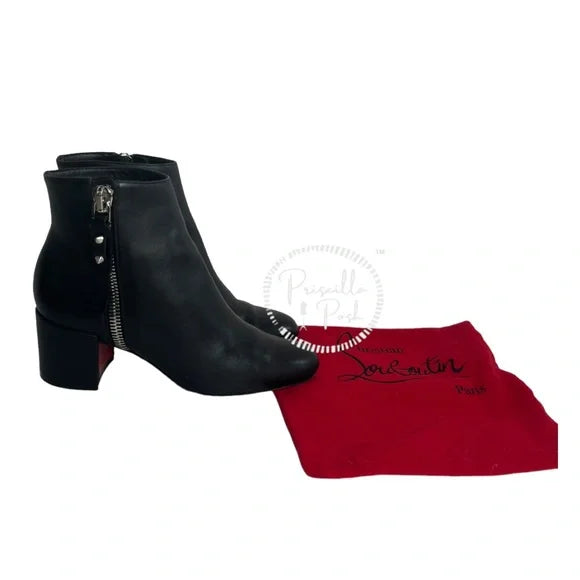 Christian Louboutin Ziptotal Calfskin Red Sole Booties Black leather Block Heel