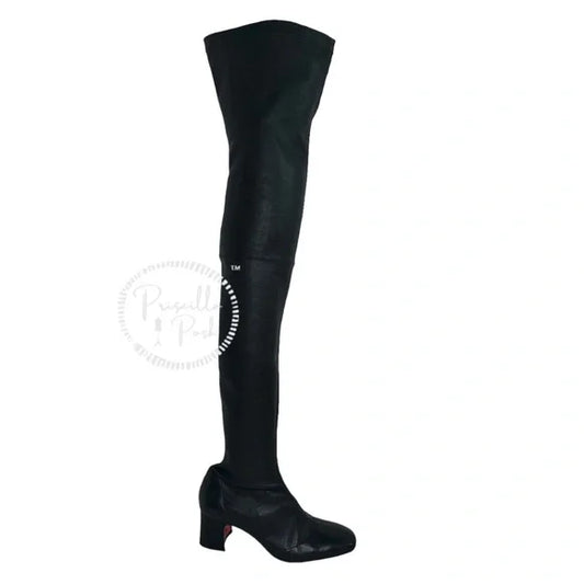 Christian Louboutin Sursamoto Black Leather Napa Red Sole Over-The-Knee Boot 38