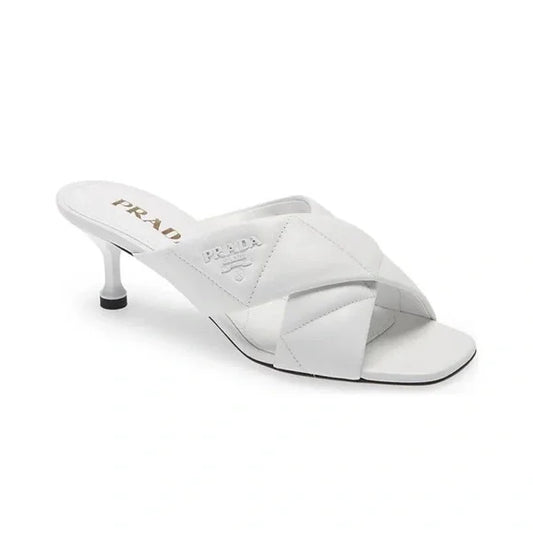 Prada White Leather Criss Cross Mule Sandals Heels Quilted Leather Kitten Heel