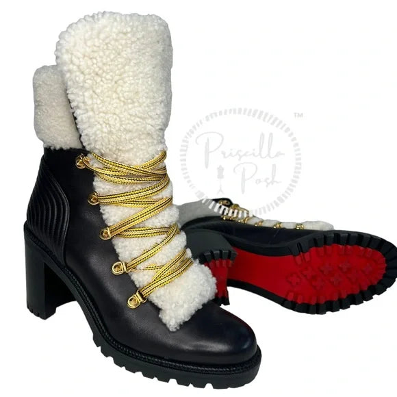 NEW Christian Louboutin Black Leather Shearling Yetita 70 Hiker Booties Lug Sole 40