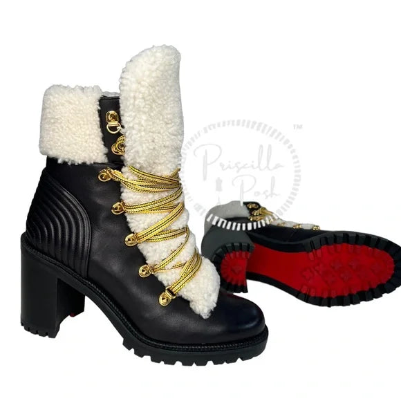 NEW Christian Louboutin Black Leather Shearling Yetita 70 Hiker Booties Lug Sole 40