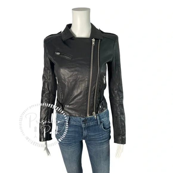 IRO Evana Black Leather Moto Jacket Motorcycle Double zipper 36