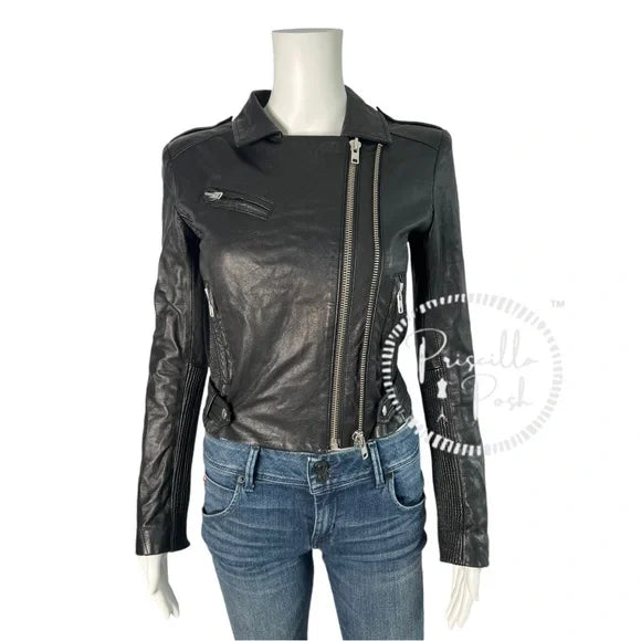 IRO Evana Black Leather Moto Jacket Motorcycle Double zipper 36