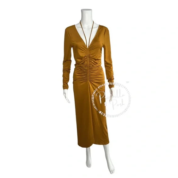 Veronica Beard Gilbert Ruched Long Sleeve Dress Yellow Gold Midi