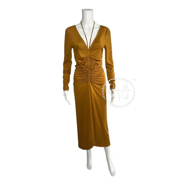 Veronica Beard Gilbert Ruched Long Sleeve Dress Yellow Gold Midi