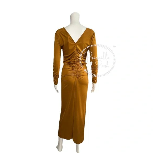 Veronica Beard Gilbert Ruched Long Sleeve Dress Yellow Gold Midi