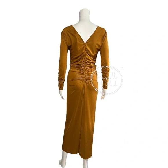 Veronica Beard Gilbert Ruched Long Sleeve Dress Yellow Gold Midi