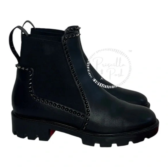 Christian Louboutin Out Lina Spike Lug Boots Black Leather Silver Spike Lug Sole