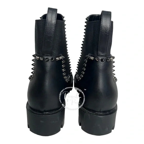 Christian Louboutin Out Lina Spike Lug Boots Black Leather Silver Spike Lug Sole