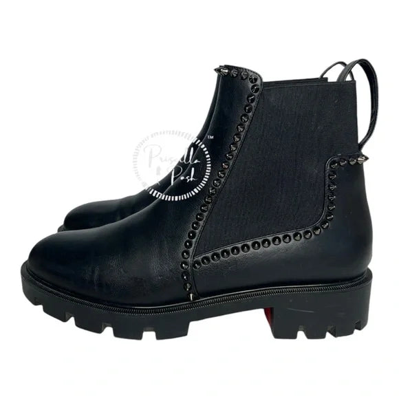 Christian Louboutin Out Lina Spike Lug Boots Black Leather Silver Spike Lug Sole