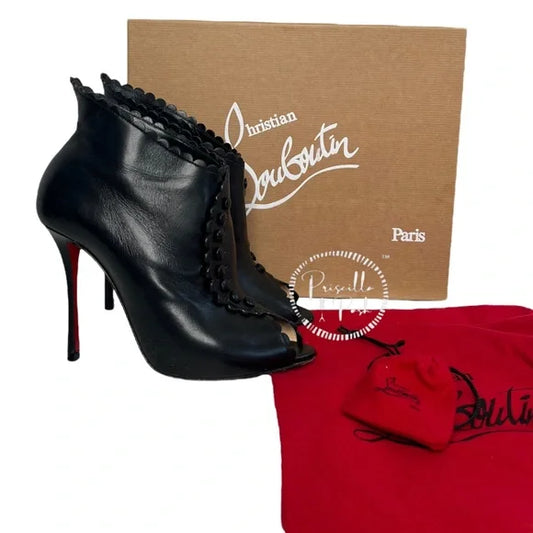 Christian Louboutin Deguise 100 Scalloped Leather Peep-toe Booties In Black 39