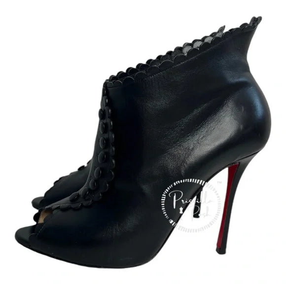 Christian Louboutin Deguise 100 Scalloped Leather Peep-toe Booties In Black 39