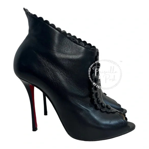 Christian Louboutin Deguise 100 Scalloped Leather Peep-toe Booties In Black 39