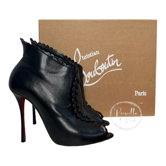 Christian Louboutin Deguise 100 Scalloped Leather Peep-toe Booties In Black 39