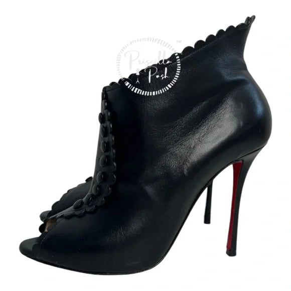 Christian Louboutin Deguise 100 Scalloped Leather Peep-toe Booties In Black 39