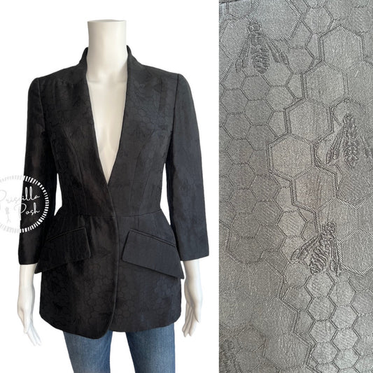 Alexander McQueen Black Silk Honeycomb and Bee Embroidered Blazer Jacket IT 40
